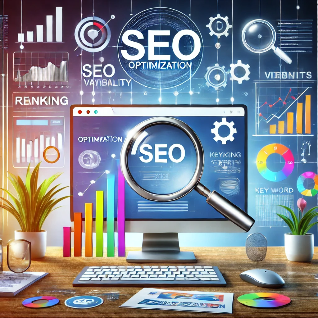 DALL·E 2025-02-17 15.24.52 - A visually engaging SEO optimization concept. The image features a business website on a computer screen, with various SEO-related elements such as an